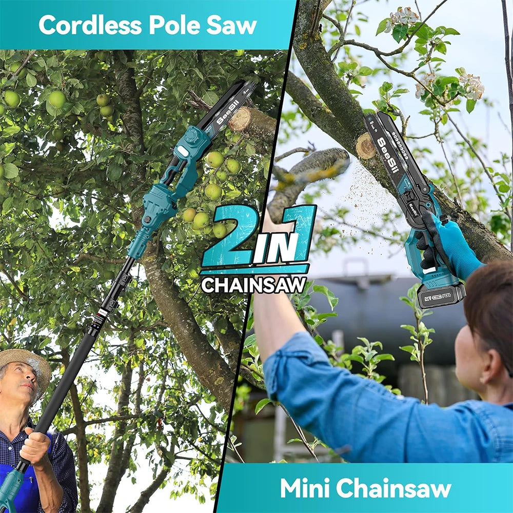 Seesii 2-in-1 Cordless Electric Chainsaw and Extension Pole for Tree Trimming