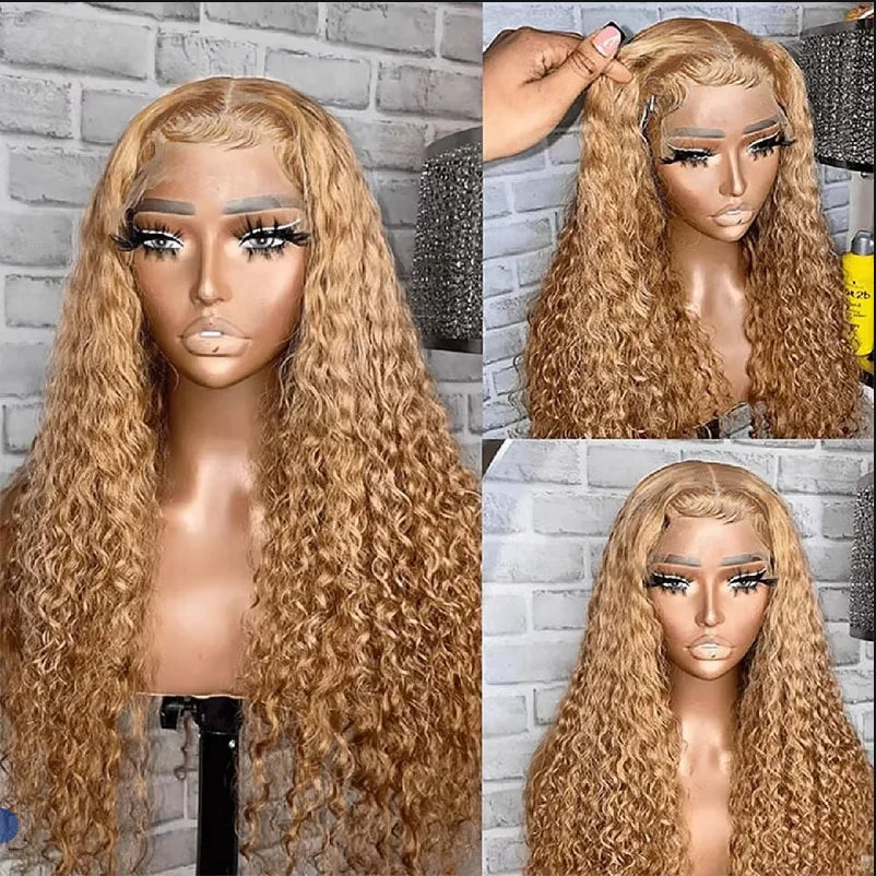 Honey Blonde Deep Wave Lace Front Wig 30 Inch Human Hair Curly Wig for Women