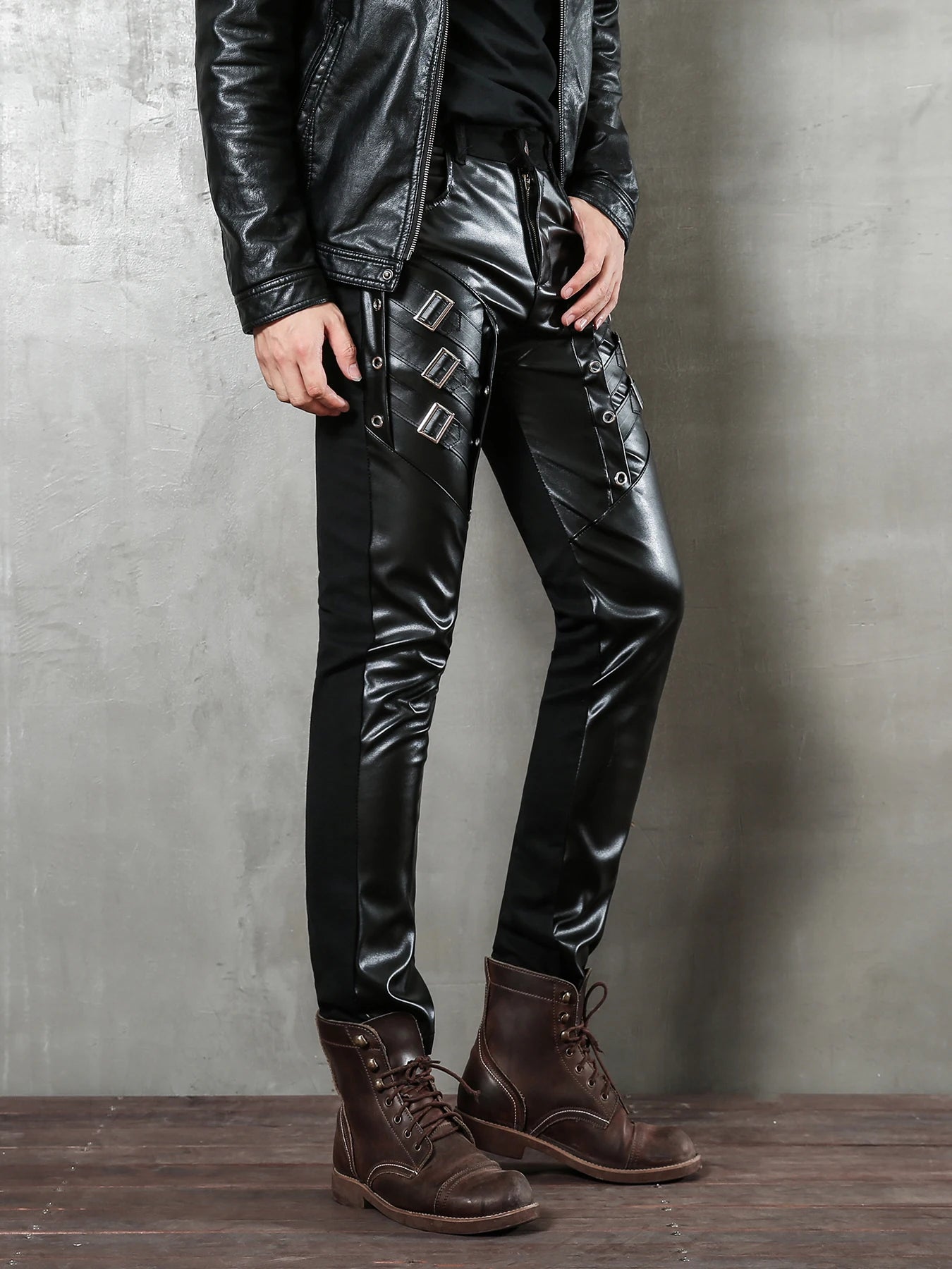 Men's Slim Fit Faux Leather Biker Pants for Night Club Dance and Casual Wear