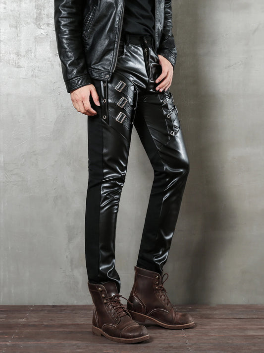Men's Slim Fit Faux Leather Biker Pants for Night Club Dance and Casual Wear