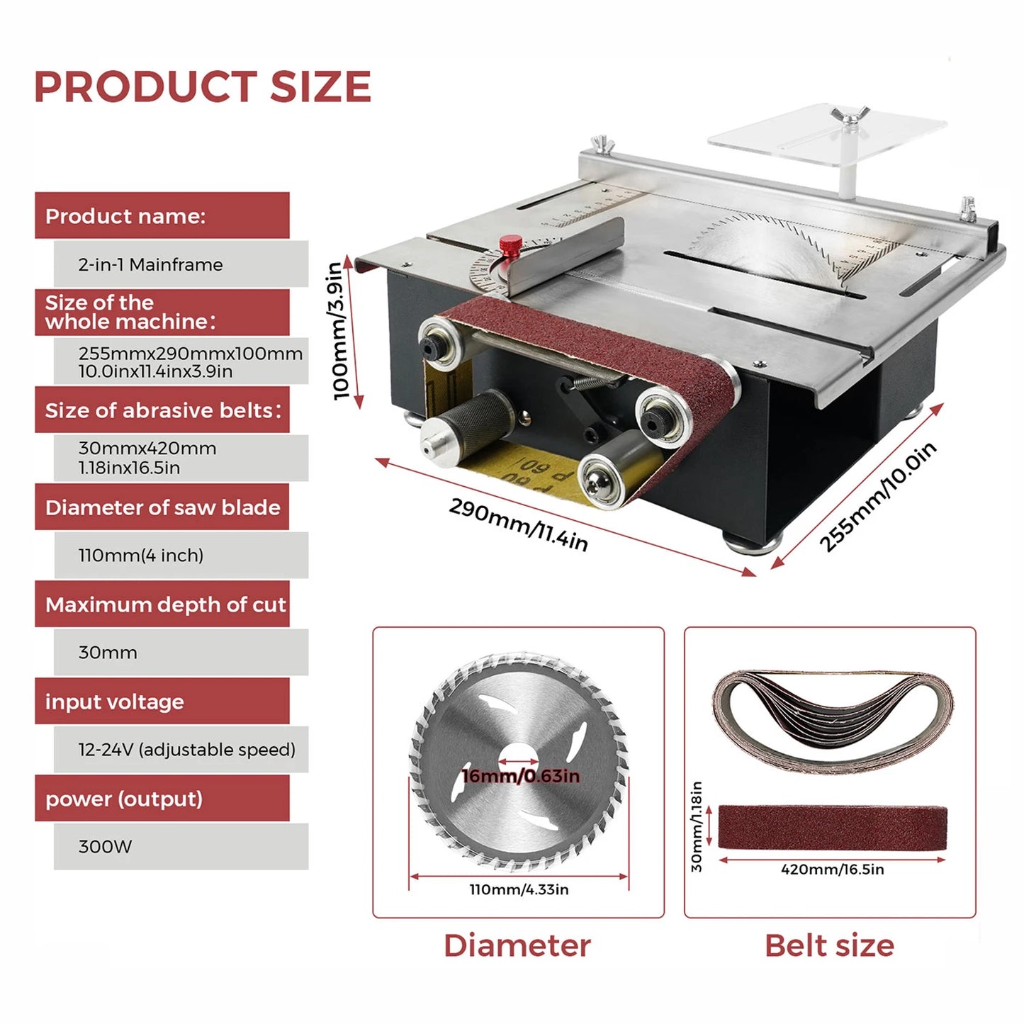 300W Mini Bench Saw and Belt Sander with Variable Speed for DIY Projects