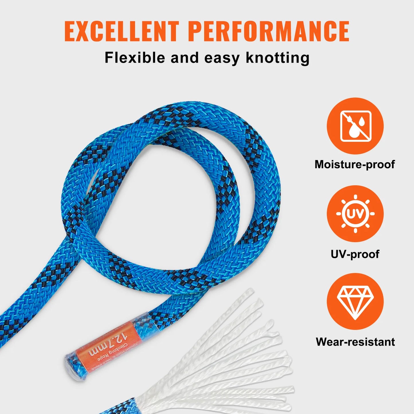 VEVOR 12.7mm Static Climbing Rope 125ft 150ft 200ft 30KN Breaking Strength with Steel Hooks