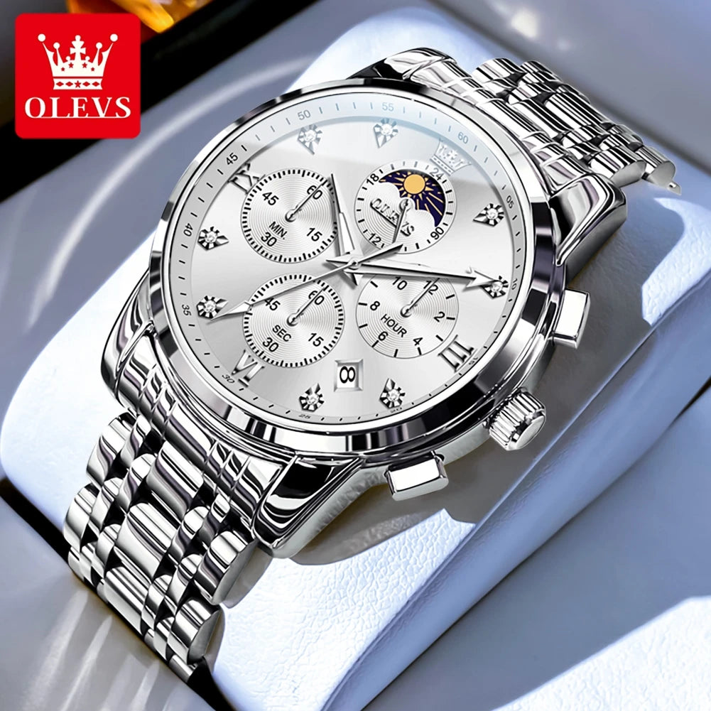 OLEVS Luxury Men's Moon Phase Chronograph Quartz Watch Gold Stainless Steel Luminous