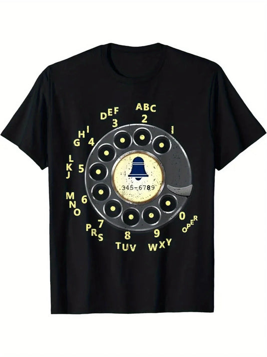 Retro Dial Phone Graphic Men's T-Shirt 100 Percent Cotton Crew Neck Casual Tee