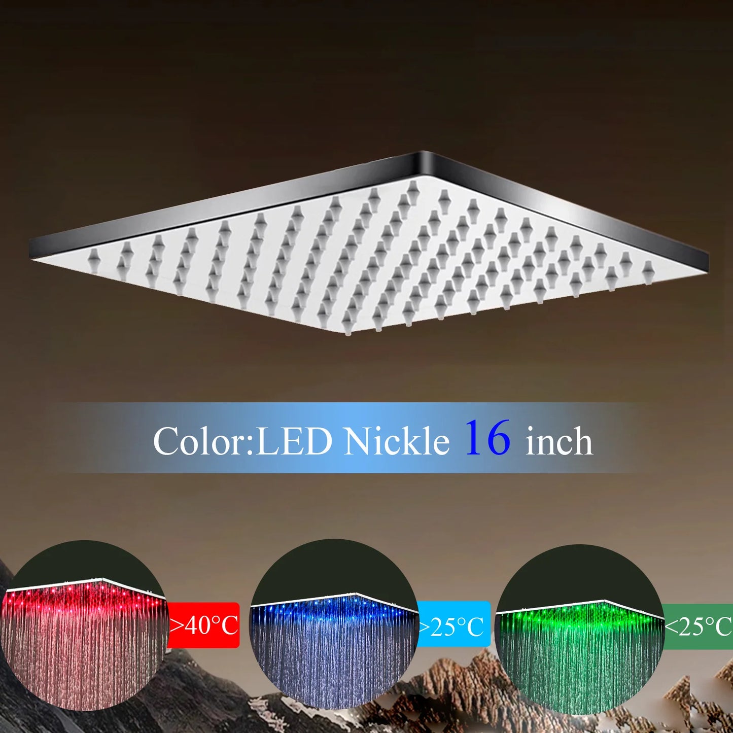 Chrome Bathroom 16inch Large Rainfall Shower Faucet  LED Spray Wall Mounted Hot Cold Tap 3 Color Changing Head Home Replace