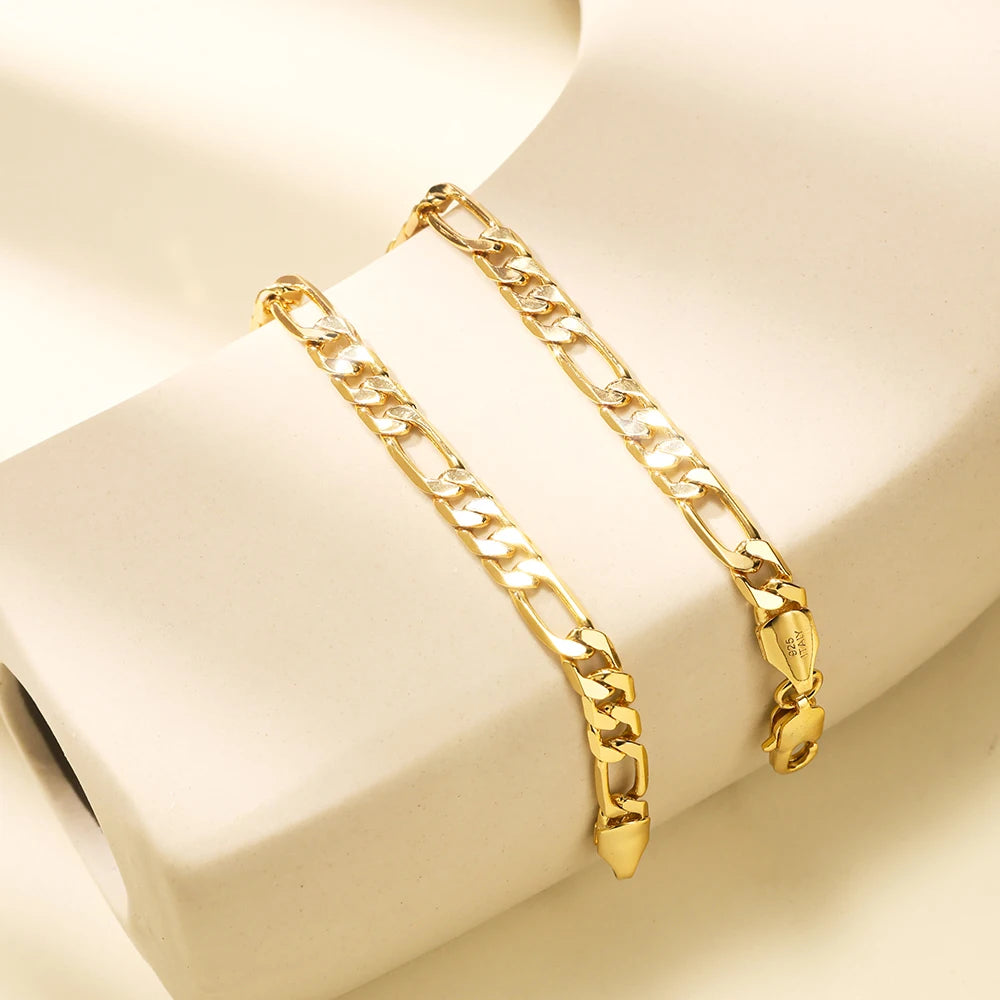 925 Sterling Silver Figaro Chain Link Necklace for Men 14K Gold Plated Cuban Curb Link