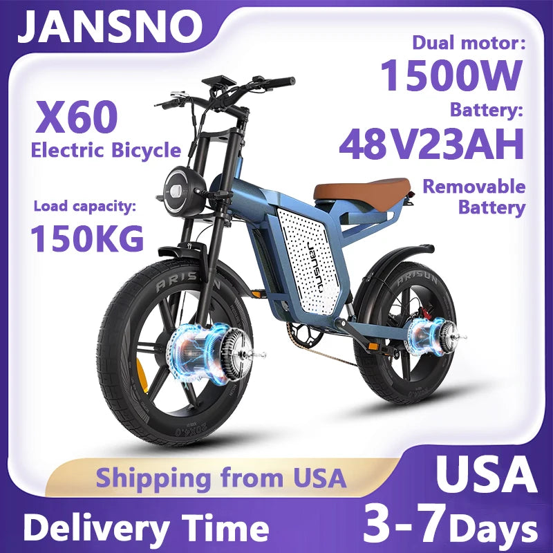 Jansno X60 1500W Electric Bike with Dual Motor and Large LCD Display Fat Tire Design