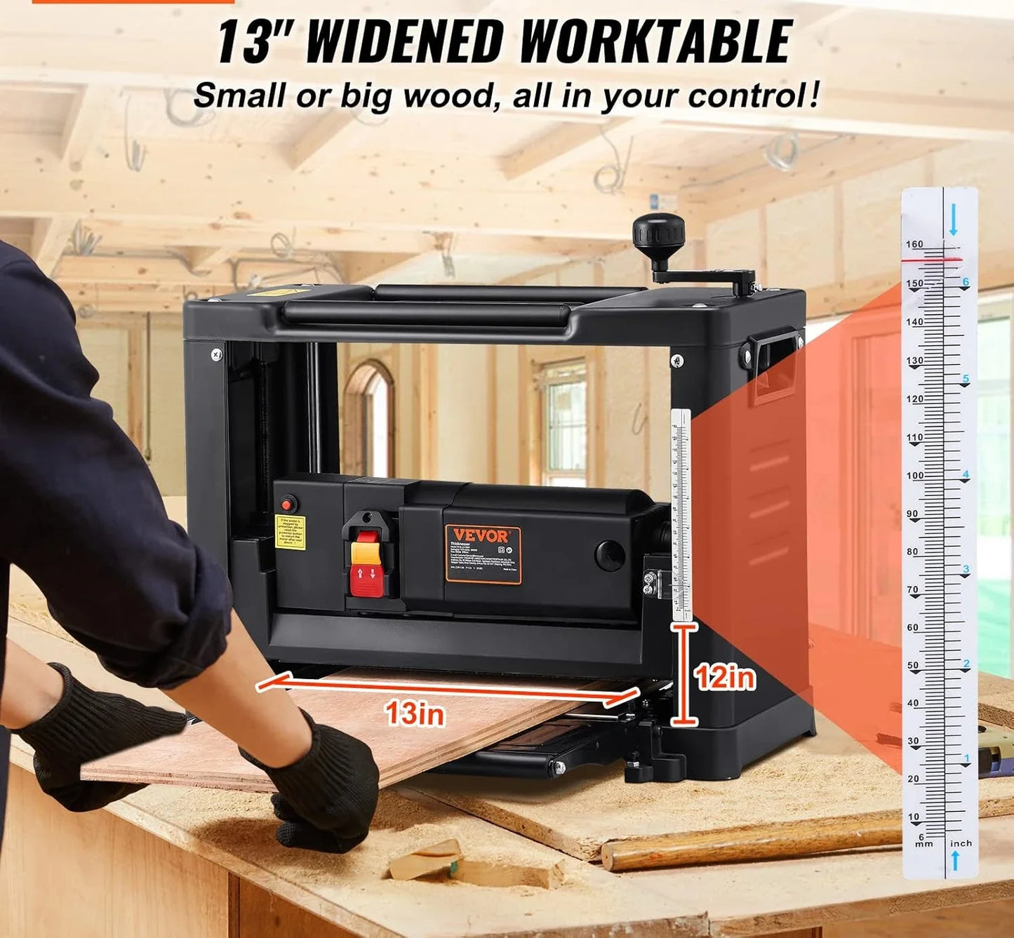 XMSJ 13 Inch Thickness Planer Benchtop Low Noise Woodwork Tool with 12 Inch Infeeding Table