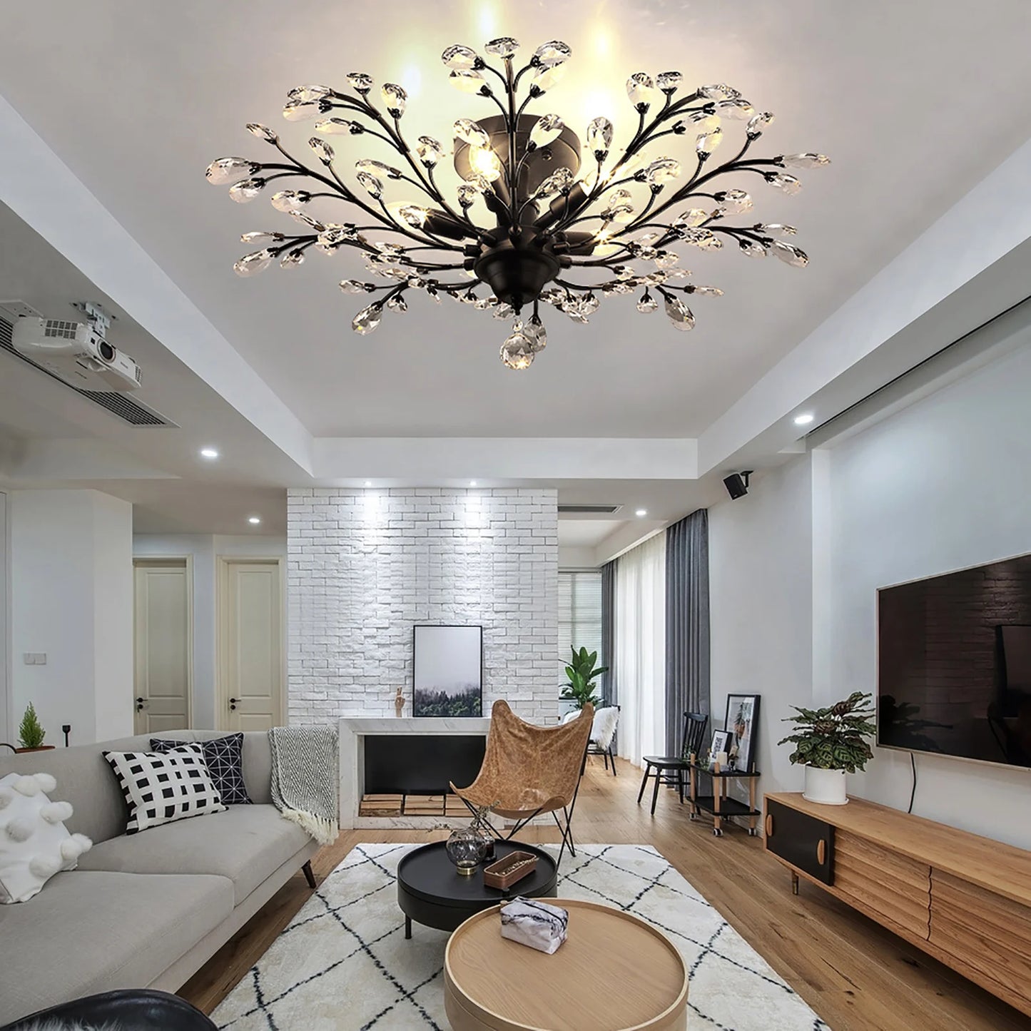 Vintage Crystal Chandelier Ceiling Light, 110V E12 Base LED Ceiling Lamp Fixture, Black Chandelier for Living Room Bedroom Porch