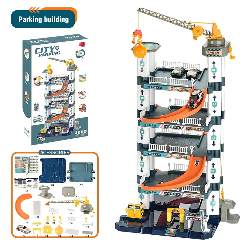 Kids Five-Story Rail Track Parking Building Toy Hand-Cranked Racing Car Adventure Game