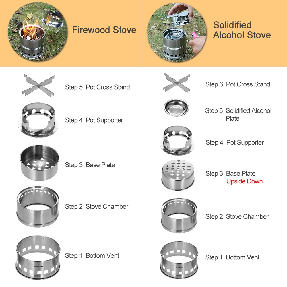 Portable Windproof Camping Stove with Foldable Handle and Wood Ash Plate for Backpacking