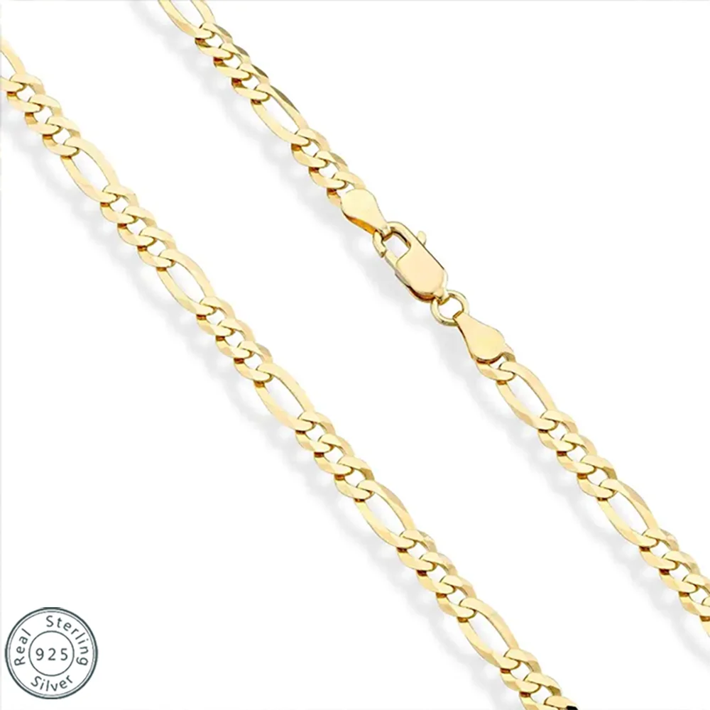 925 Sterling Silver Figaro Chain Link Necklace for Men 14K Gold Plated Cuban Curb Link