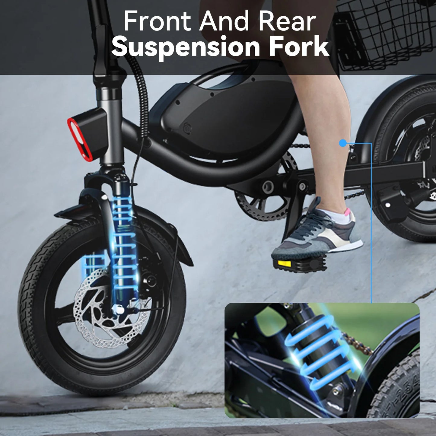 500W Folding Electric Bicycle 22MPH Dual Suspension 14 Inch Tires 36V Battery with Basket