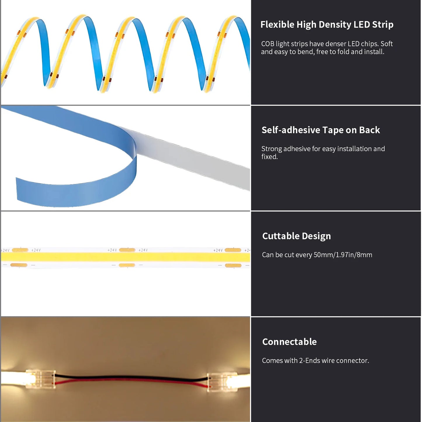COB LED Strip Light 40ft/12m (1 Roll) Warm White 3000K High Lumen CRI 90+ with UL Listed RF Remote LED Strip for Bedroom Kitchen