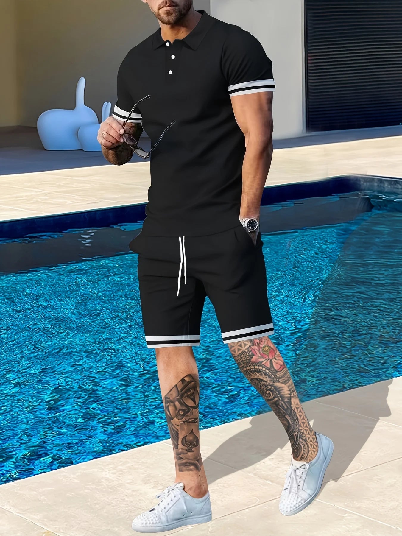 Men's Summer Short Sleeve Polo Shirt and Shorts Athleisure Two-Piece Travel Set