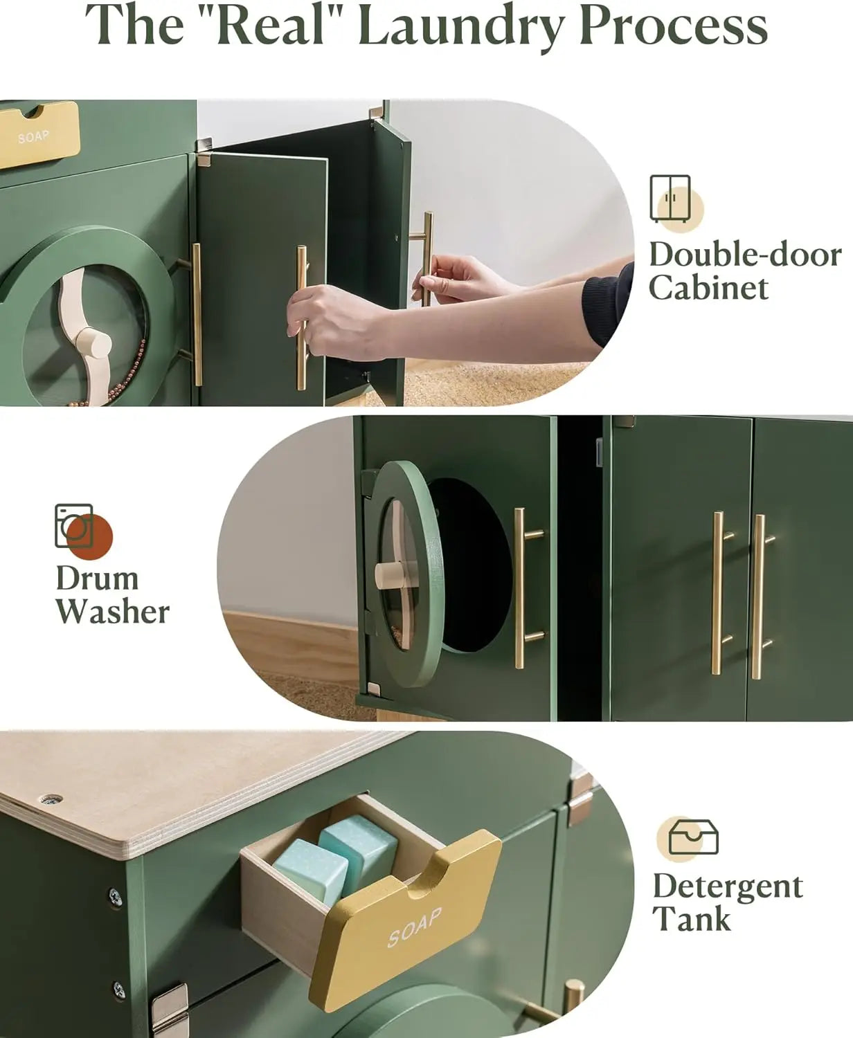 Robotime Wooden Vintage Green Washing Machine Playset for Kids Kitchen Pretend Play