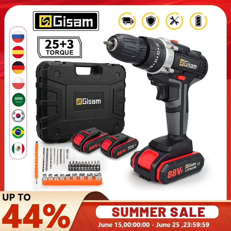 25+3 Torque Cordless Drill Electric Screwdriver Rechargeable Electric Drill Lithium-Ion Battery 2 Speed DIY Driver Power Tools