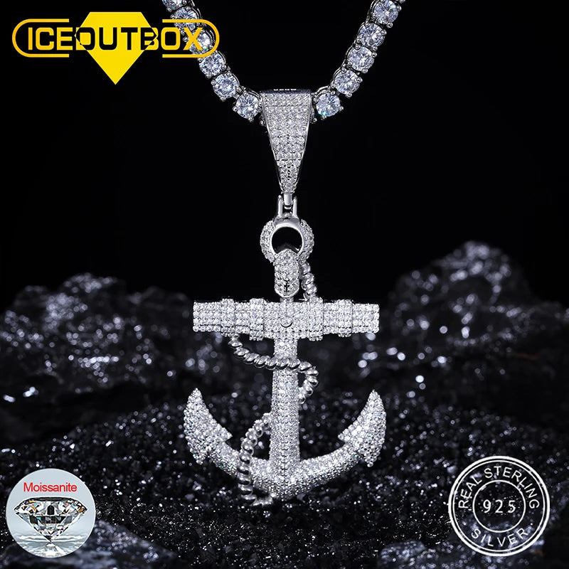 Moissanite Anchor Necklace in 925 Sterling Silver Iced Out Hip Hop Jewelry for Unisex