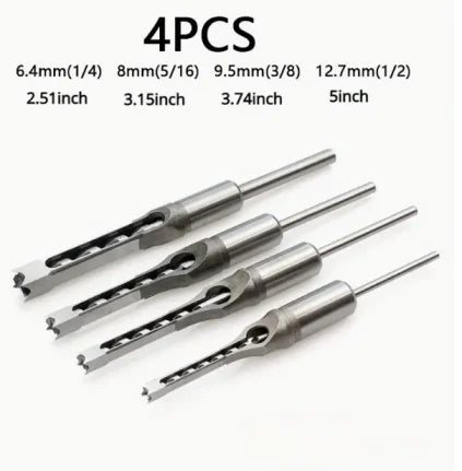 Meikela 4pcs Square Hole Drill Bit Set for Woodworking Round Shank Auger Bits