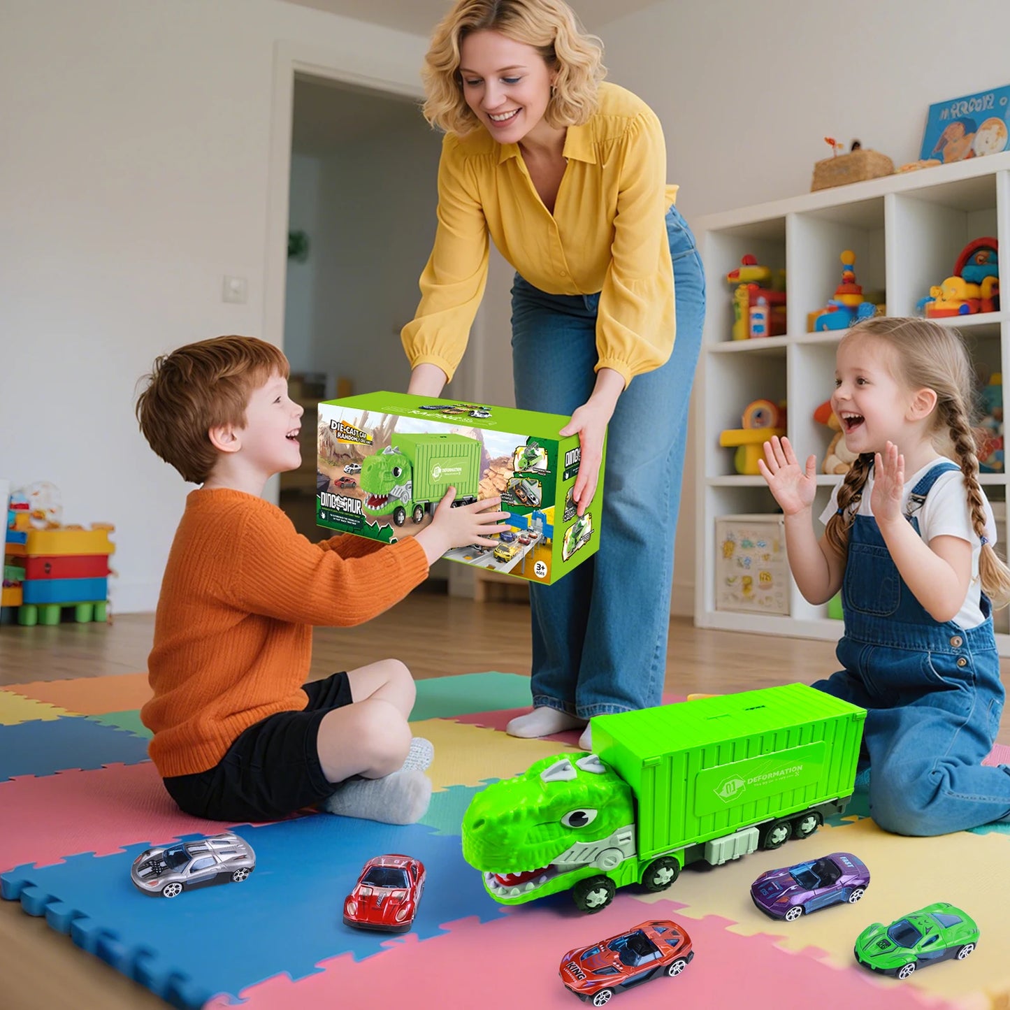 Dinosaur Transport Truck Toy With Foldable Race Track And Car Models For Boys