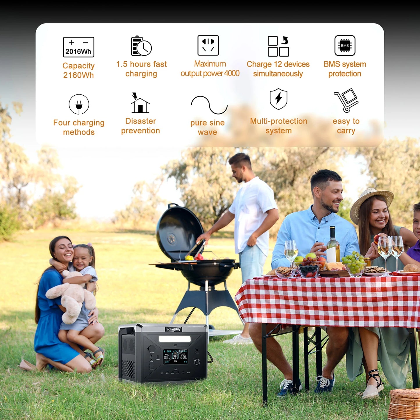 SolarPlay Q2501 Portable Power Station 2400W LiFePO4 Battery UPS with Trolley for Camping