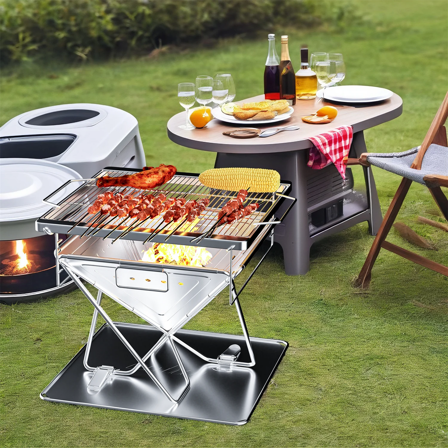Folding Stainless Steel Fire Pit Grill with Carry Bag for Outdoor Camping and Backyard Use