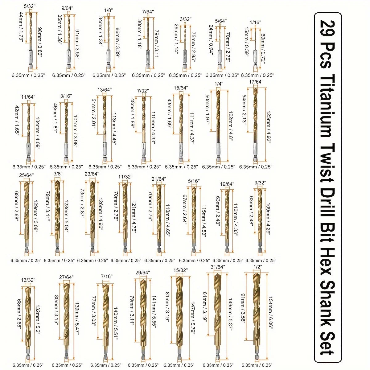 Titanium Impact Drill Bit Set -30 Pcs Hex Shank HSS,1/16"-1/2"Hex Shank Drill Bit Set,Quick Change Design,for Wood,Steel,Metal