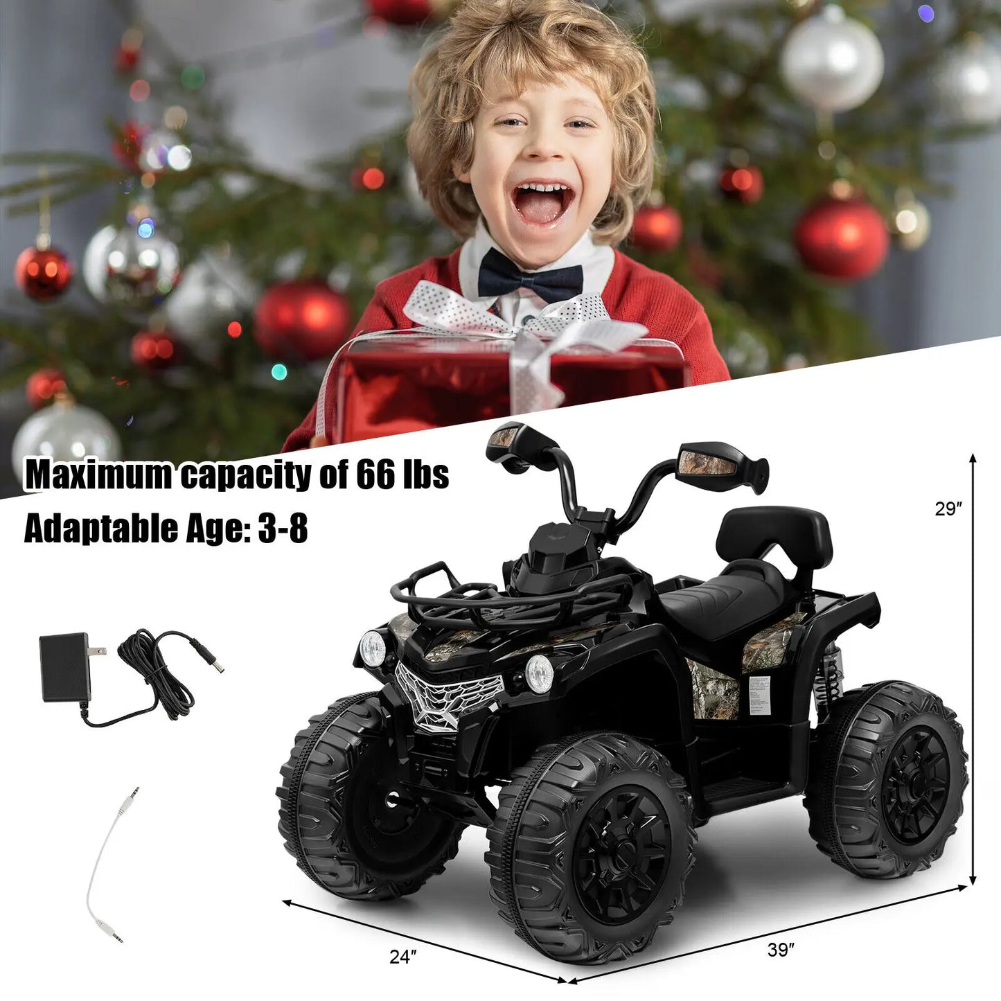 Babyjoy 12V Kids Electric ATV Ride On 4-Wheeler Quad with MP3 and Headlights Black