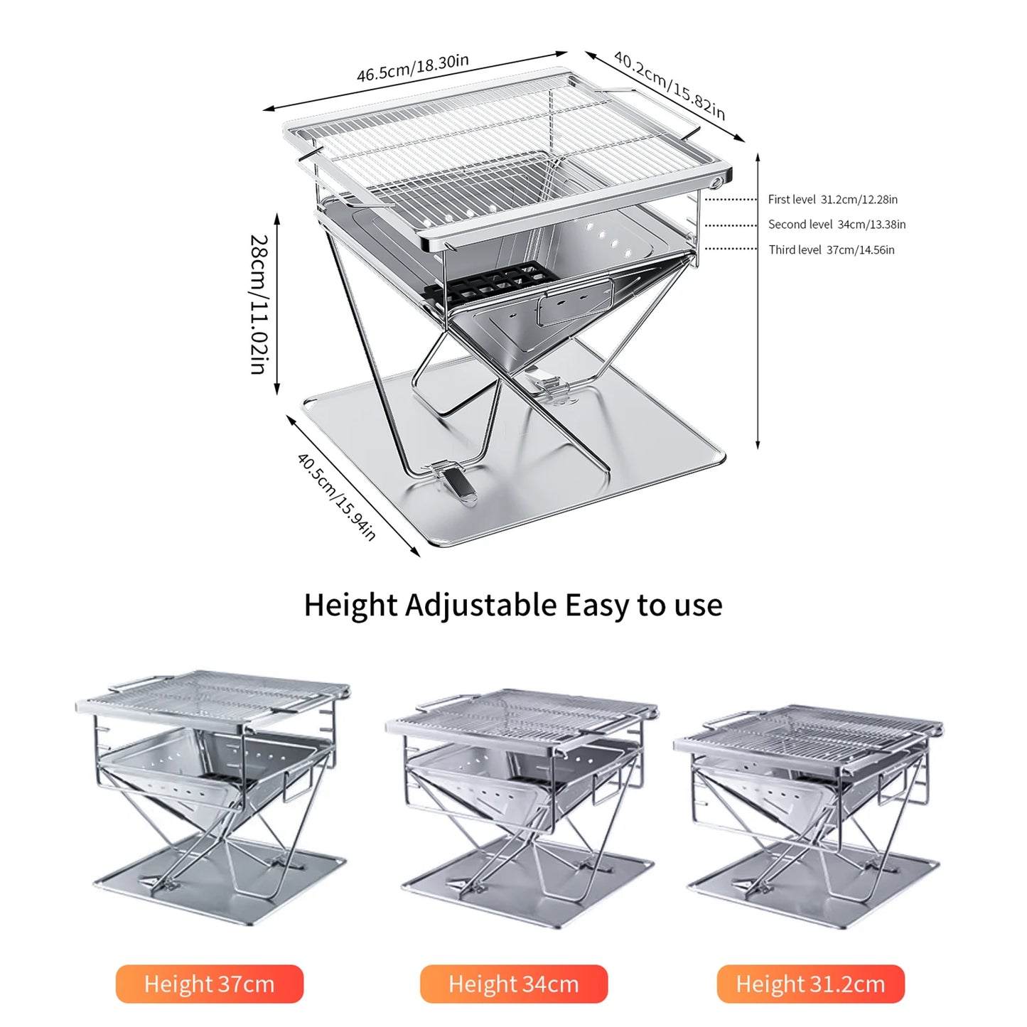 Folding Stainless Steel Fire Pit Grill with Carry Bag for Outdoor Camping and Backyard Use