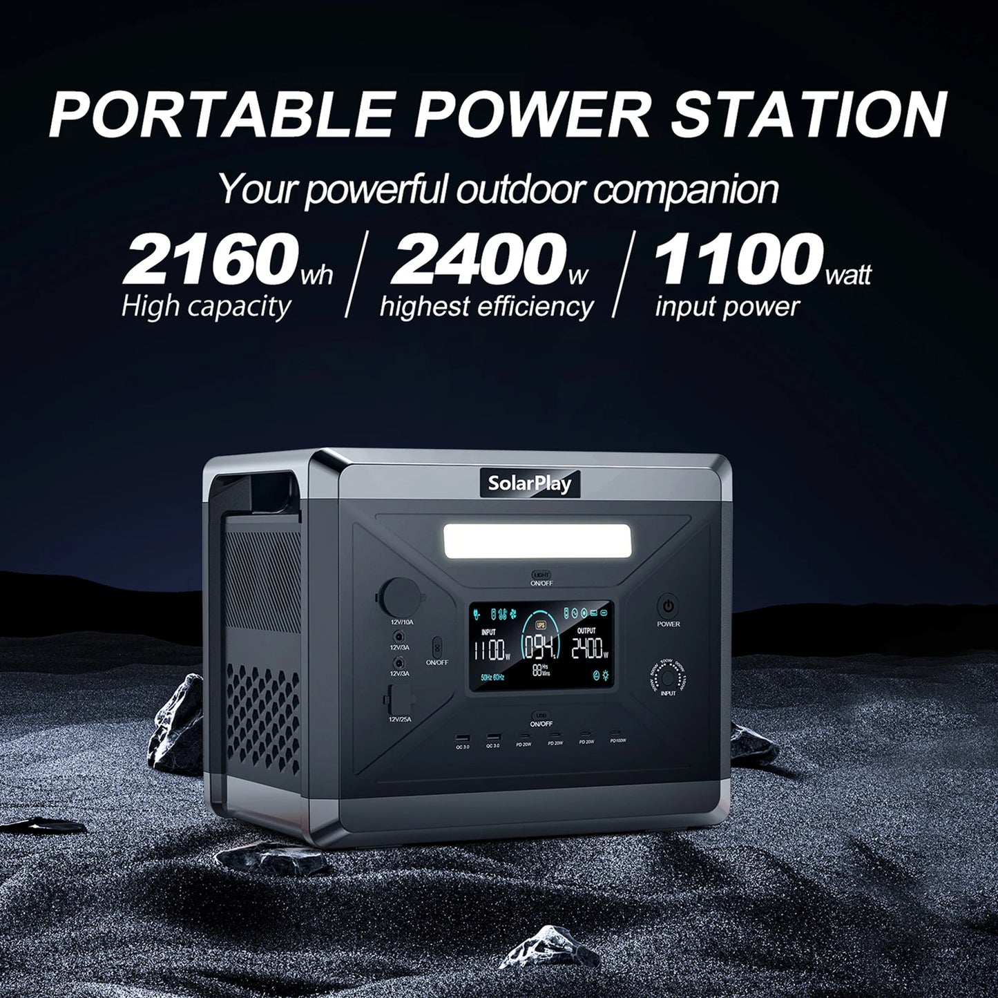 SolarPlay Q2501 Portable Power Station 2400W LiFePO4 Battery UPS with Trolley for Camping