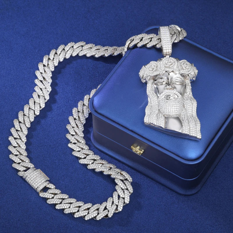 Iced Out VVS Moissanite Jesus Head Pendant Necklace in 925 Sterling Silver for Men and Women