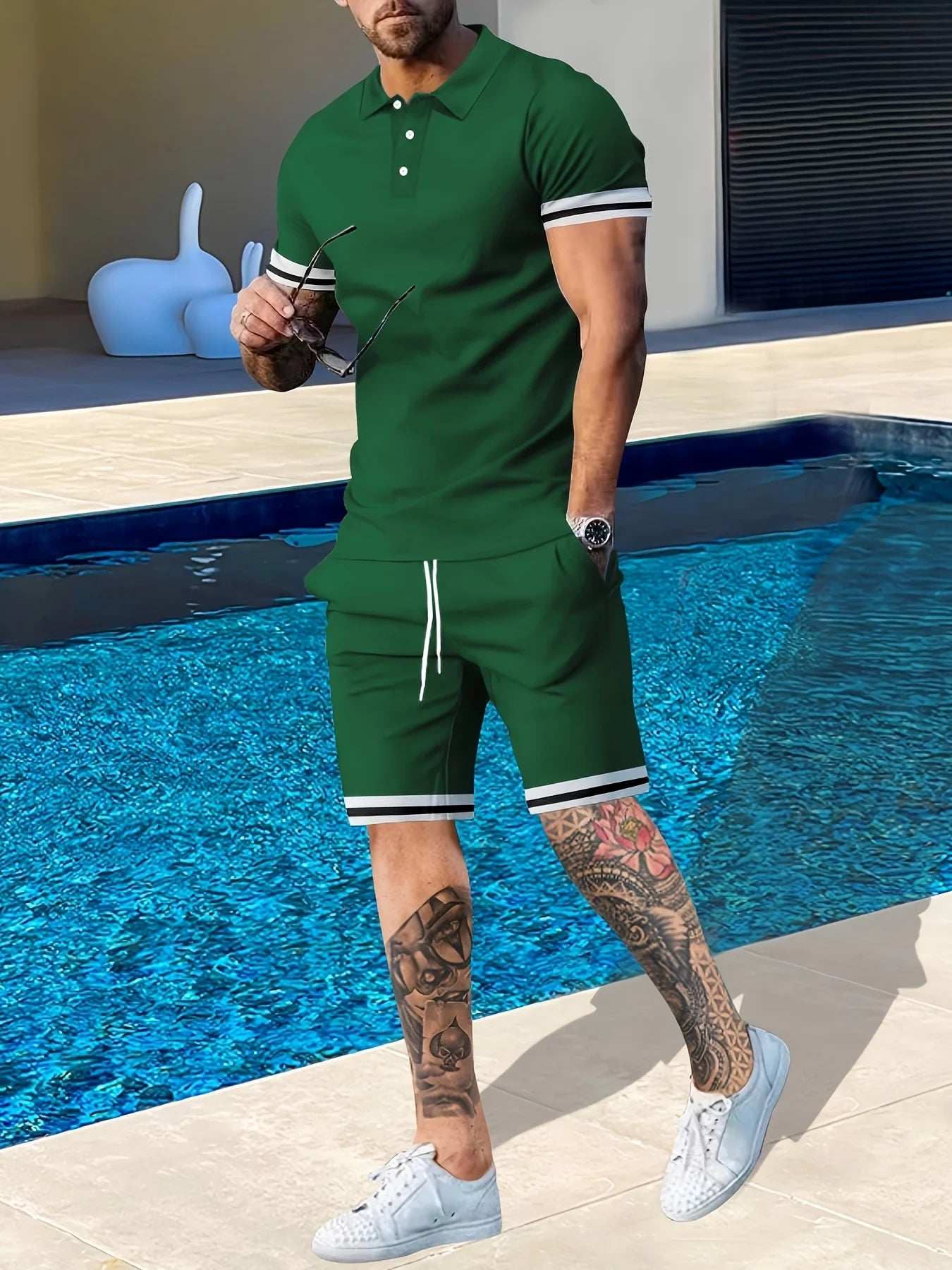 Men's Summer Short Sleeve Polo Shirt and Shorts Athleisure Two-Piece Travel Set