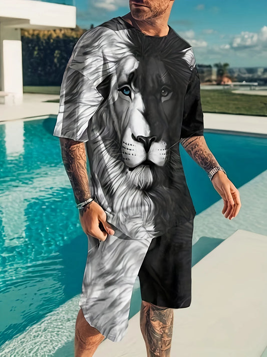 Men's Trendy 3D Printed Round Neck Short Sleeve Two-Piece Summer Casual Suit