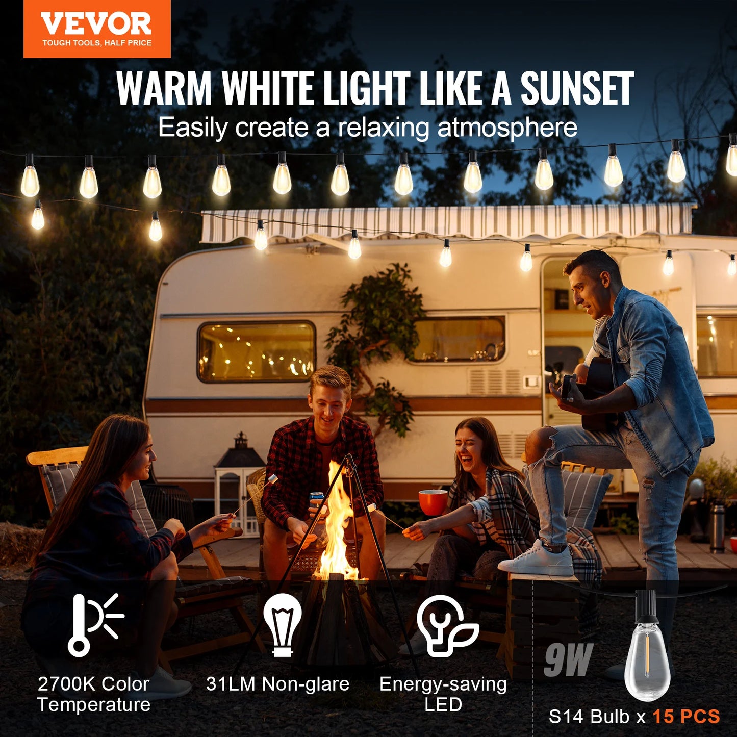 VEVOR Dimmable LED Outdoor String Lights 2700K Waterproof Patio Lights for Garden Balcony