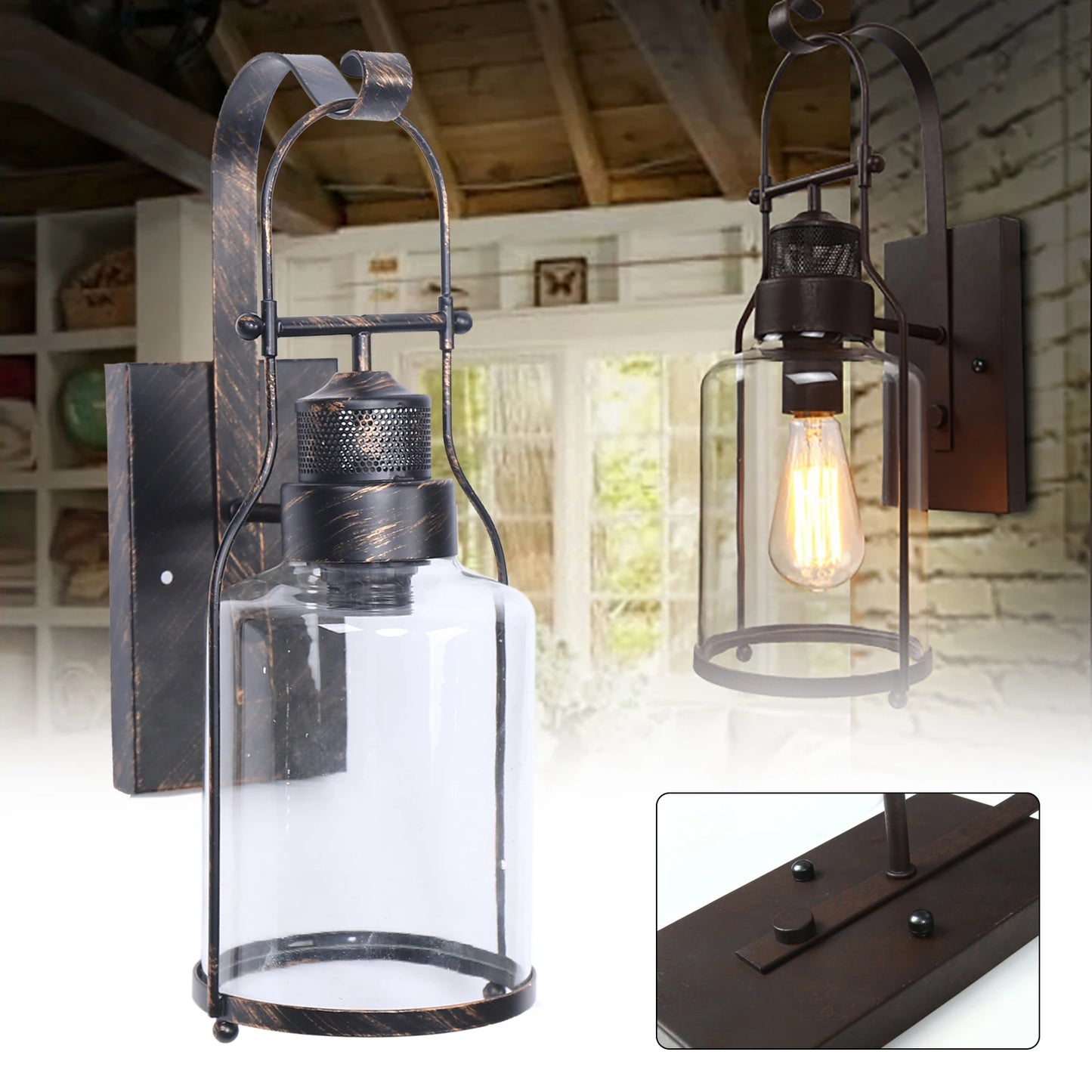 Vintage Wall Light – Retro Industrial Lamp with Iron Frame and Clear Glass Shade for Bedroom and Living Room
