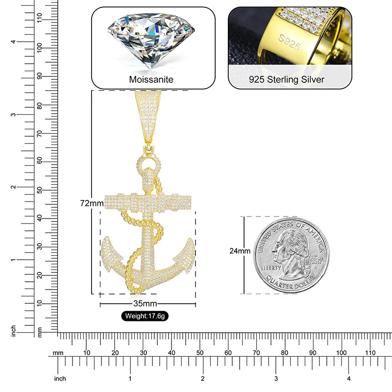 Moissanite Anchor Necklace in 925 Sterling Silver Iced Out Hip Hop Jewelry for Unisex
