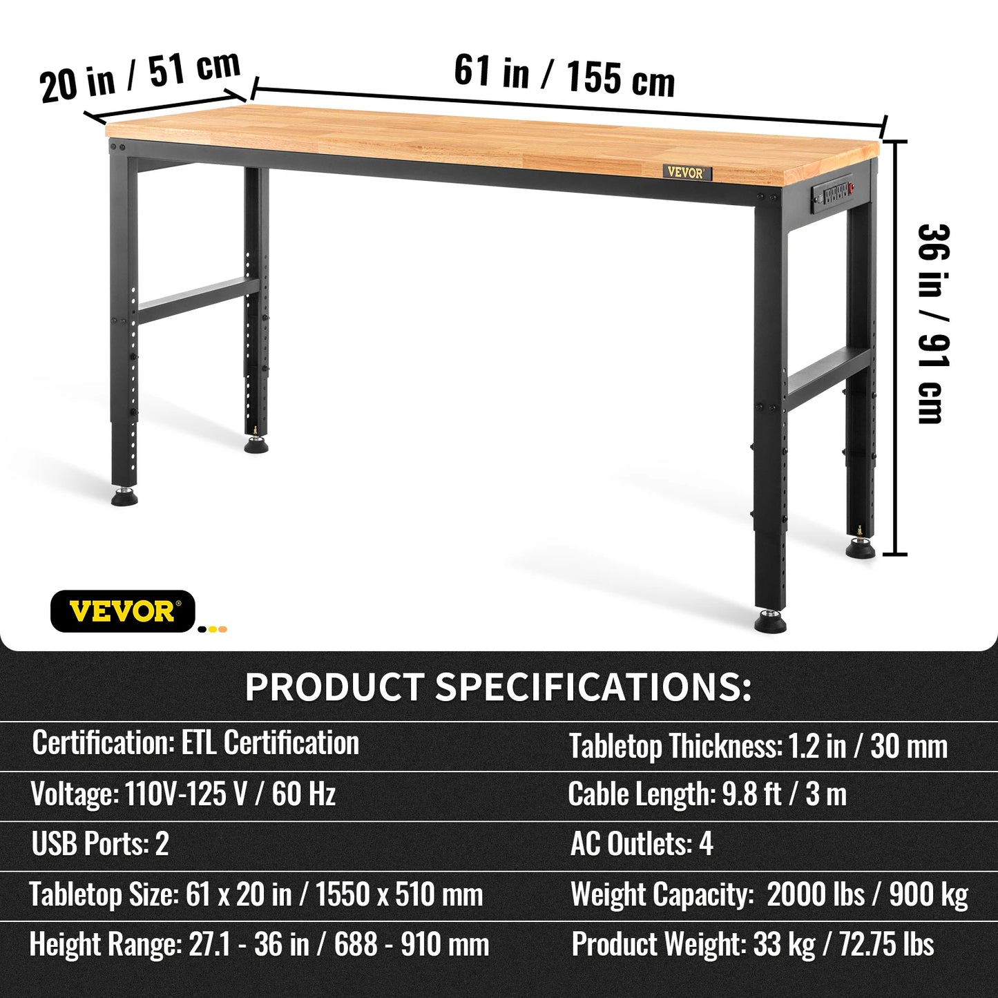 SucceBuyMulti Adjustable Workbench Woodworking Hardwood Work Bench with Power Outlets Foot Pads for Workshop DIY Office Home Use