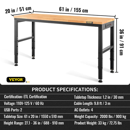 SucceBuyMulti Adjustable Workbench Woodworking Hardwood Work Bench with Power Outlets Foot Pads for Workshop DIY Office Home Use