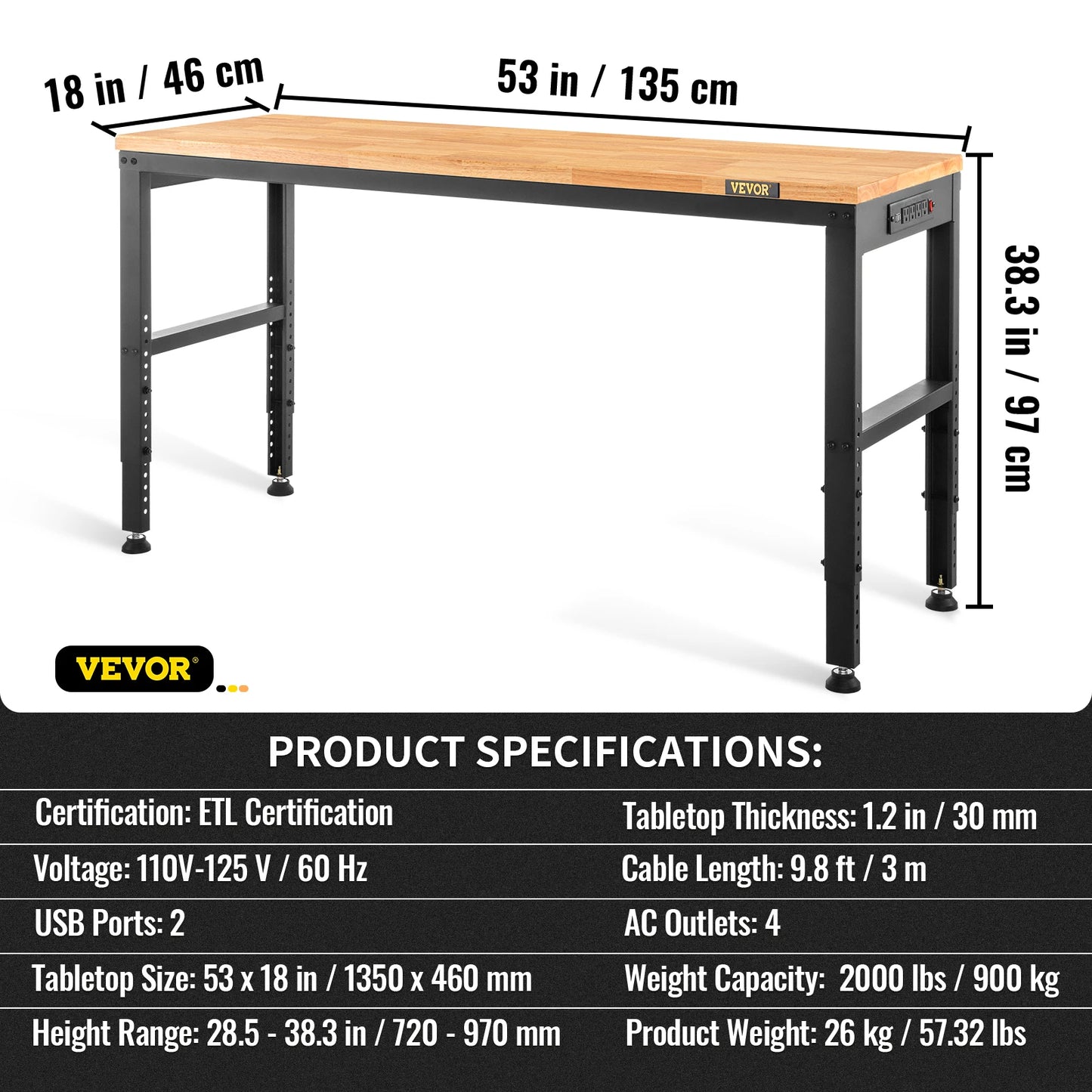 SucceBuyMulti Adjustable Workbench Woodworking Hardwood Work Bench with Power Outlets Foot Pads for Workshop DIY Office Home Use