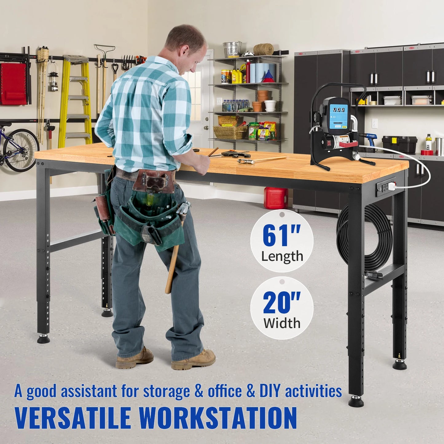 SucceBuyMulti Adjustable Workbench Woodworking Hardwood Work Bench with Power Outlets Foot Pads for Workshop DIY Office Home Use