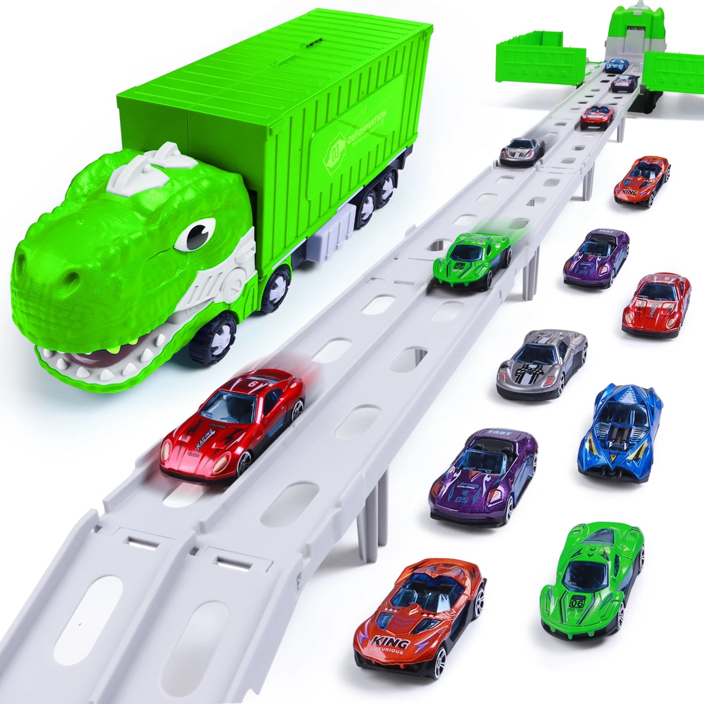 Dinosaur Transport Truck Toy With Foldable Race Track And Car Models For Boys