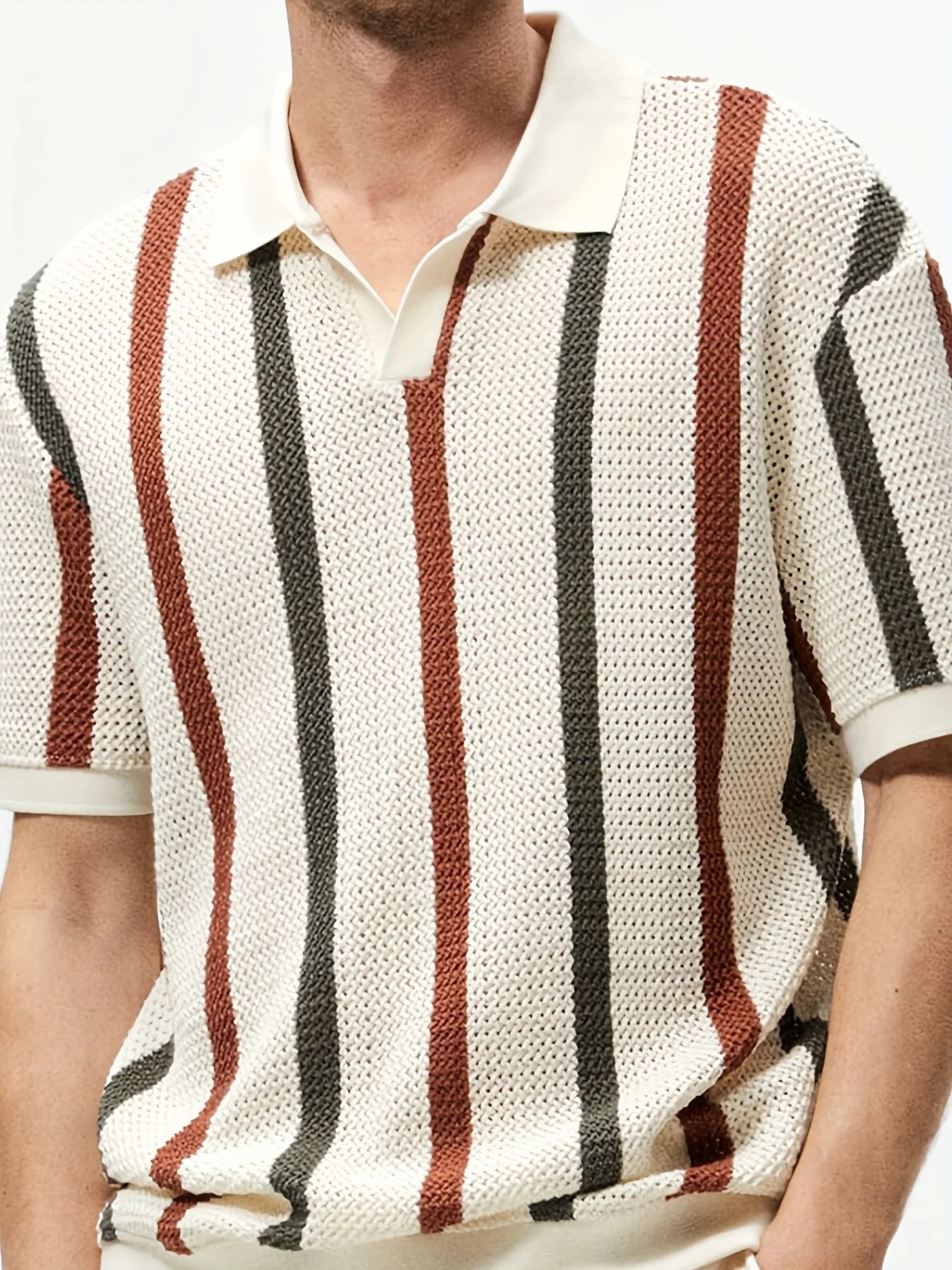 Men's Summer Chunky Knit Polo Shirt With Stripes Casual Short Sleeve Top for Outings
