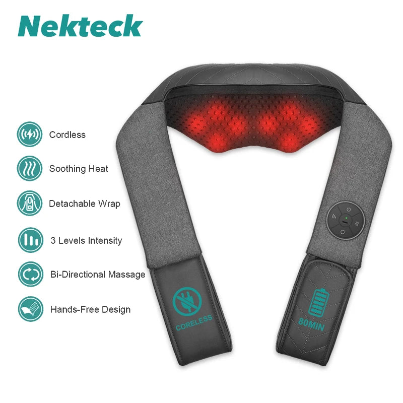 Nekteck Cordless Shiatsu Back Neck and Shoulder Massager with Heat for Home Use