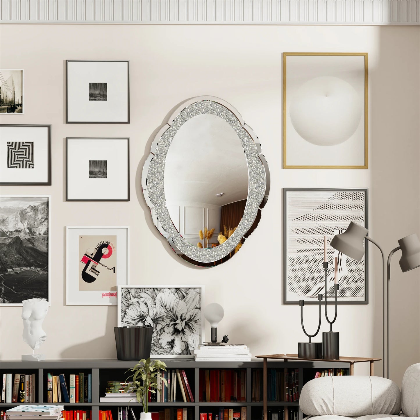 Decor Wall Mirror Arch Crystal Crushed Diamonds Vanity Accent Mirror  600x800mm for Entryway Hallway, Bedroom,Hotel Wall Decor