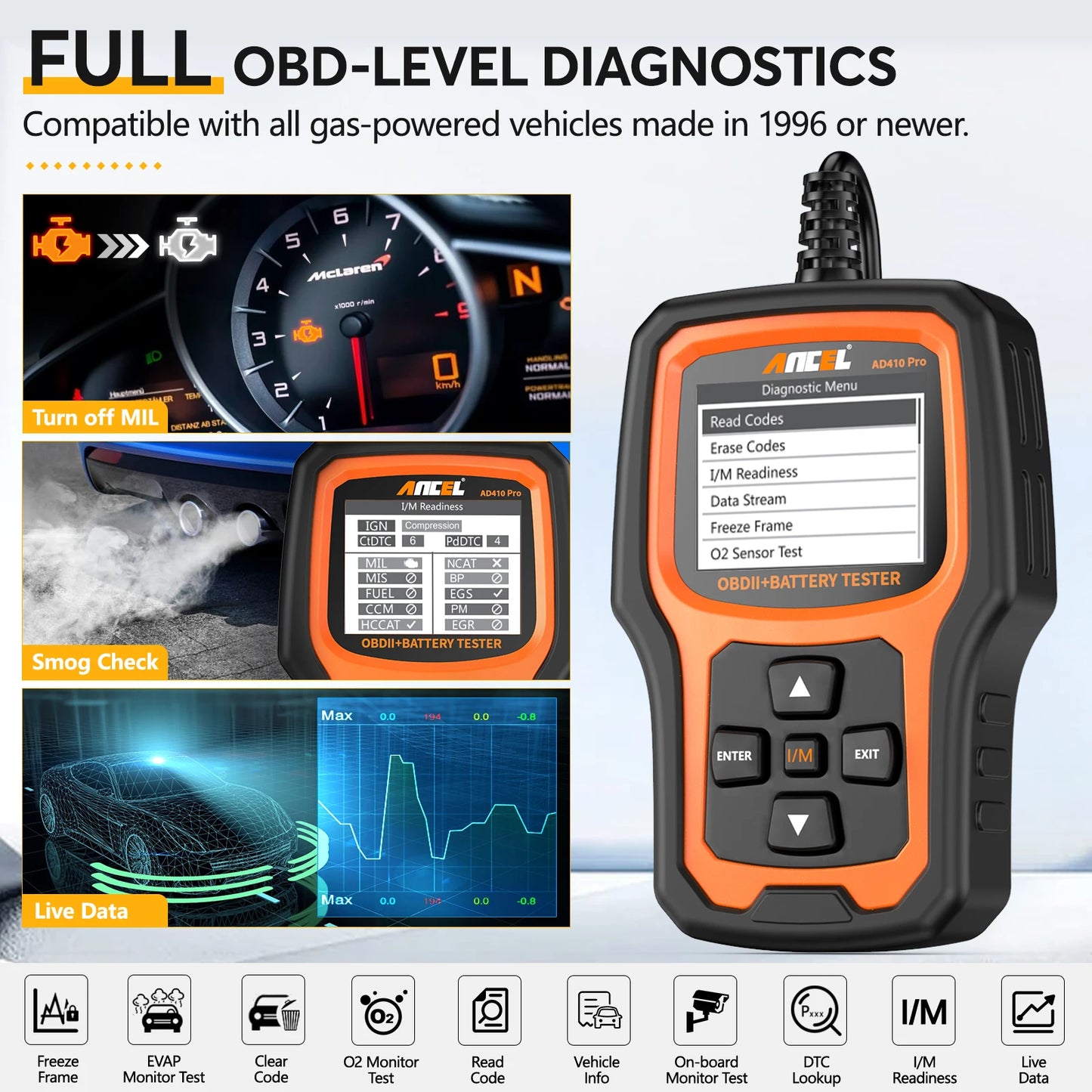 ANCEL AD410 PRO OBD2 Code Reader Automotive Scanner with Battery Test and Full Diagnostics