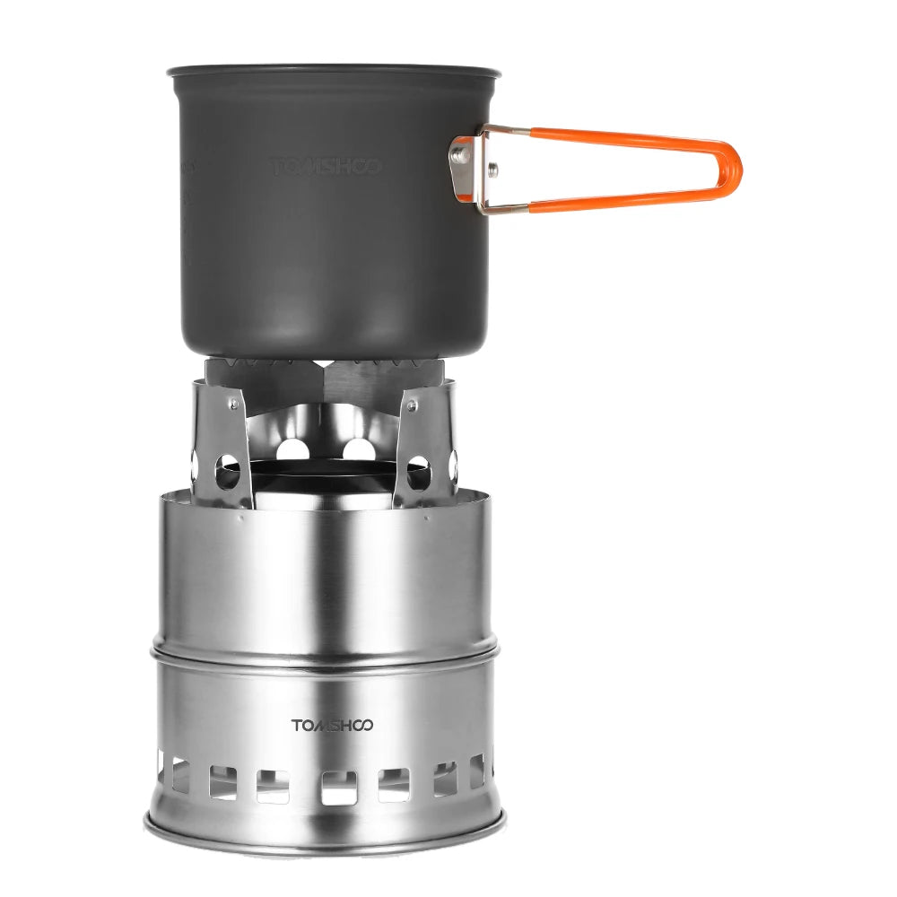 Portable Windproof Camping Stove with Foldable Handle and Wood Ash Plate for Backpacking