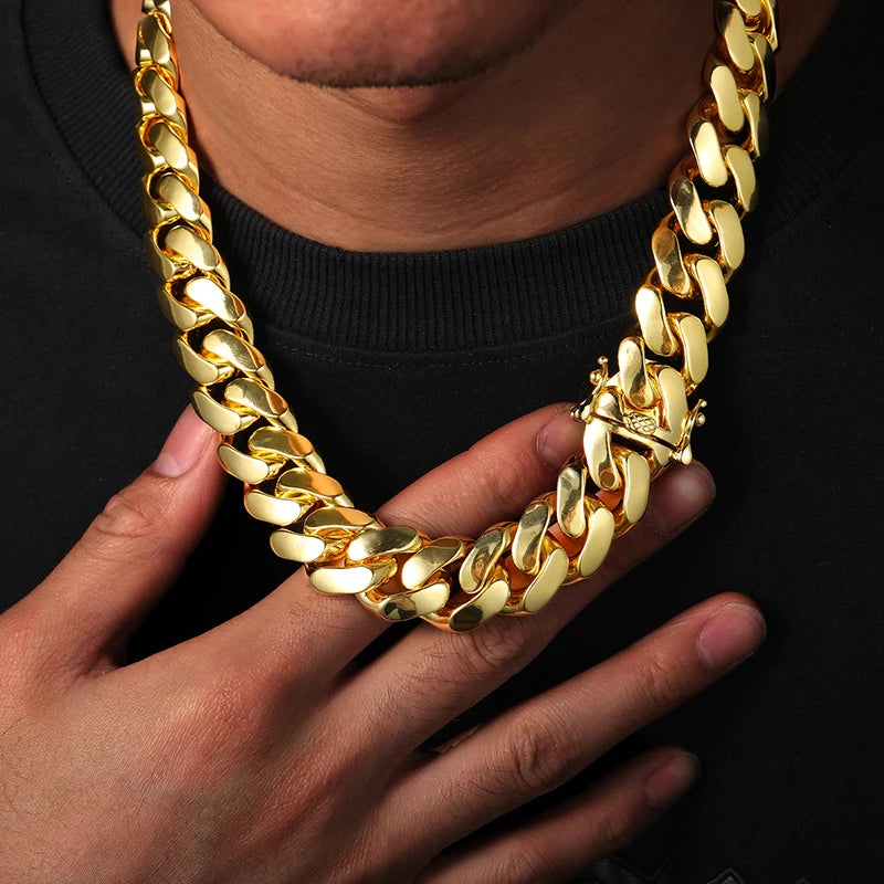 20mm Heavy Solid 18K Gold Plated Miami Cuban Link Chain Necklace for Men