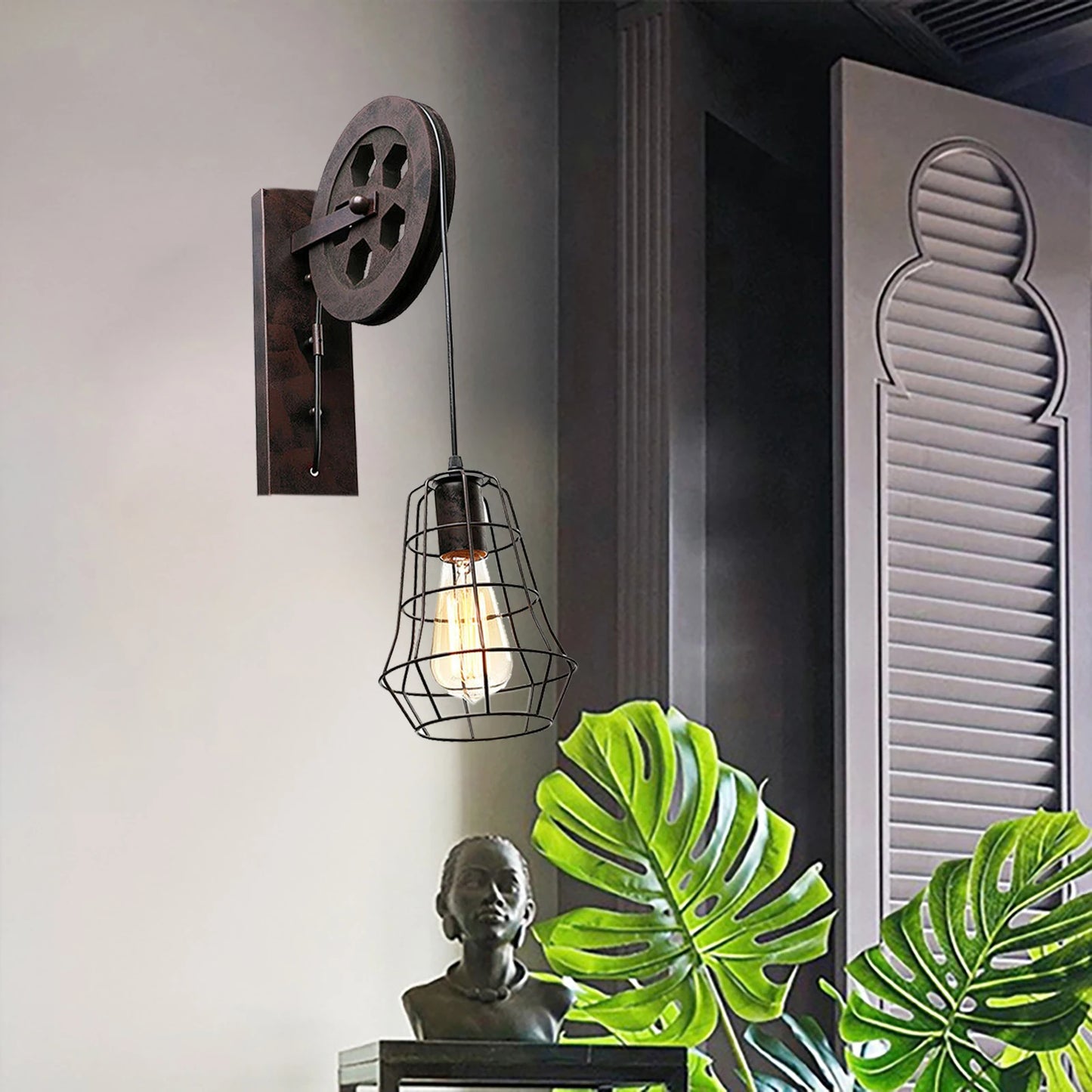 19.6" x 6.5" Country Retro Wall Lamp Industrial Vintage Rusty Wheel Pulley Wall Light for Indoor Living Room Bedroom Lighting