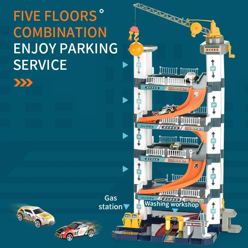Kids Five-Story Rail Track Parking Building Toy Hand-Cranked Racing Car Adventure Game
