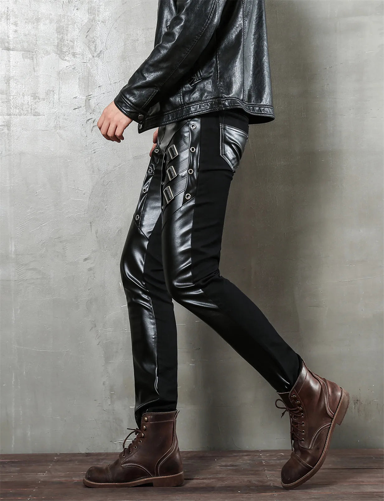 Men's Slim Fit Faux Leather Biker Pants for Night Club Dance and Casual Wear